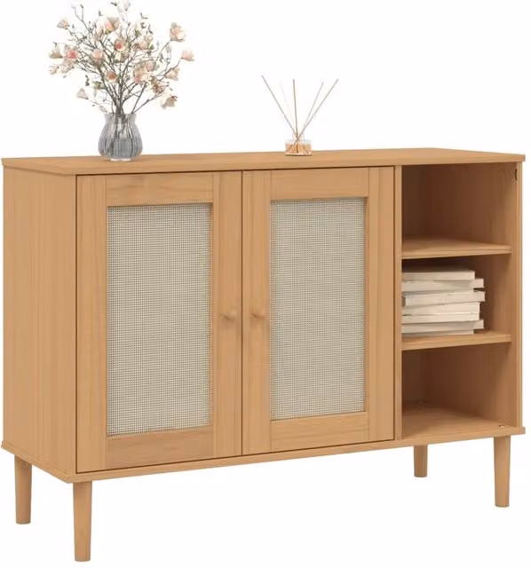 Berkfield Home SENJA Sideboard in Light Brown Rattan Look Solid Pine Wood, W/D/H: 112 x 40 x 80 cm – 1