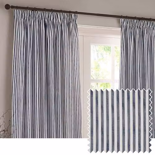 Yard Hebden Riva Home Striped Cotton Pencil Pleat Curtains, Blue, W: 168 cm, H: 229 cm – 1