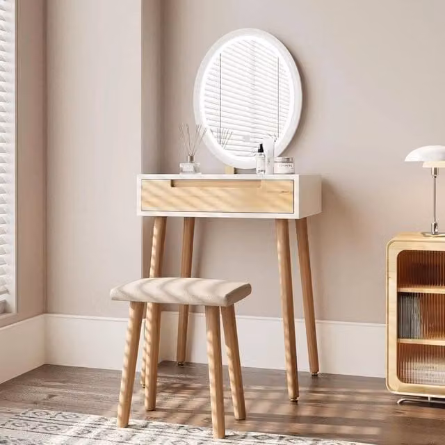 FORGEVIO Hollywood LED Dressing Table Vanity Set with Matt MDF Laminate Finish in Beige, Brown or White – 1