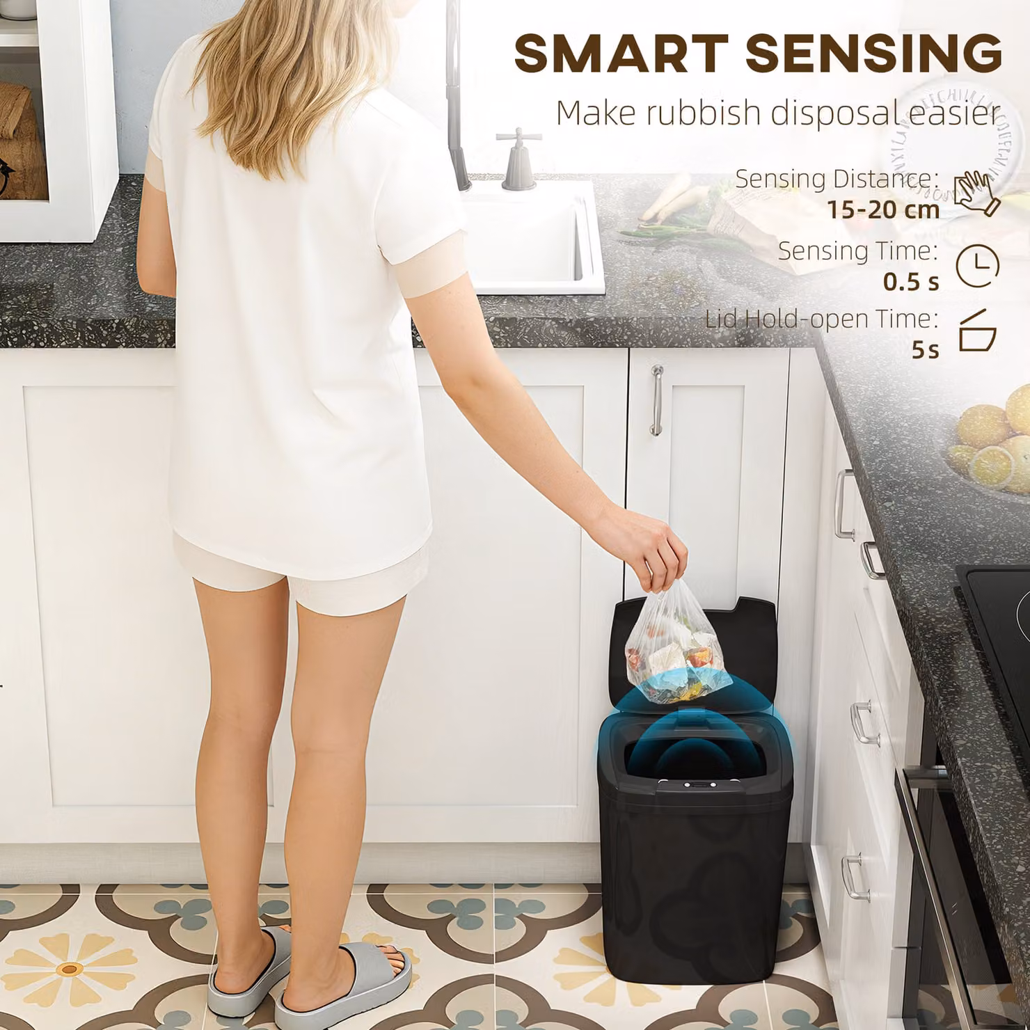HOMCOM 15L Automatic Sensor Bin, Touchless Kitchen Bin in Black – 3