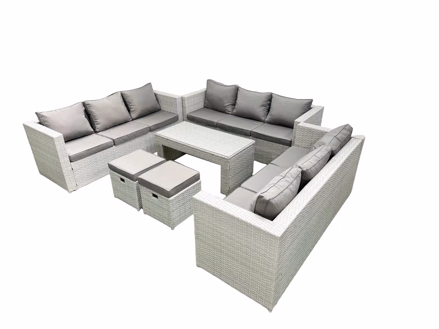 Fimous 11 Seater Rattan Garden Furniture Set with U-Shape Sofa, Oblong Coffee Table and 2 Ottomans in Light Grey – 2