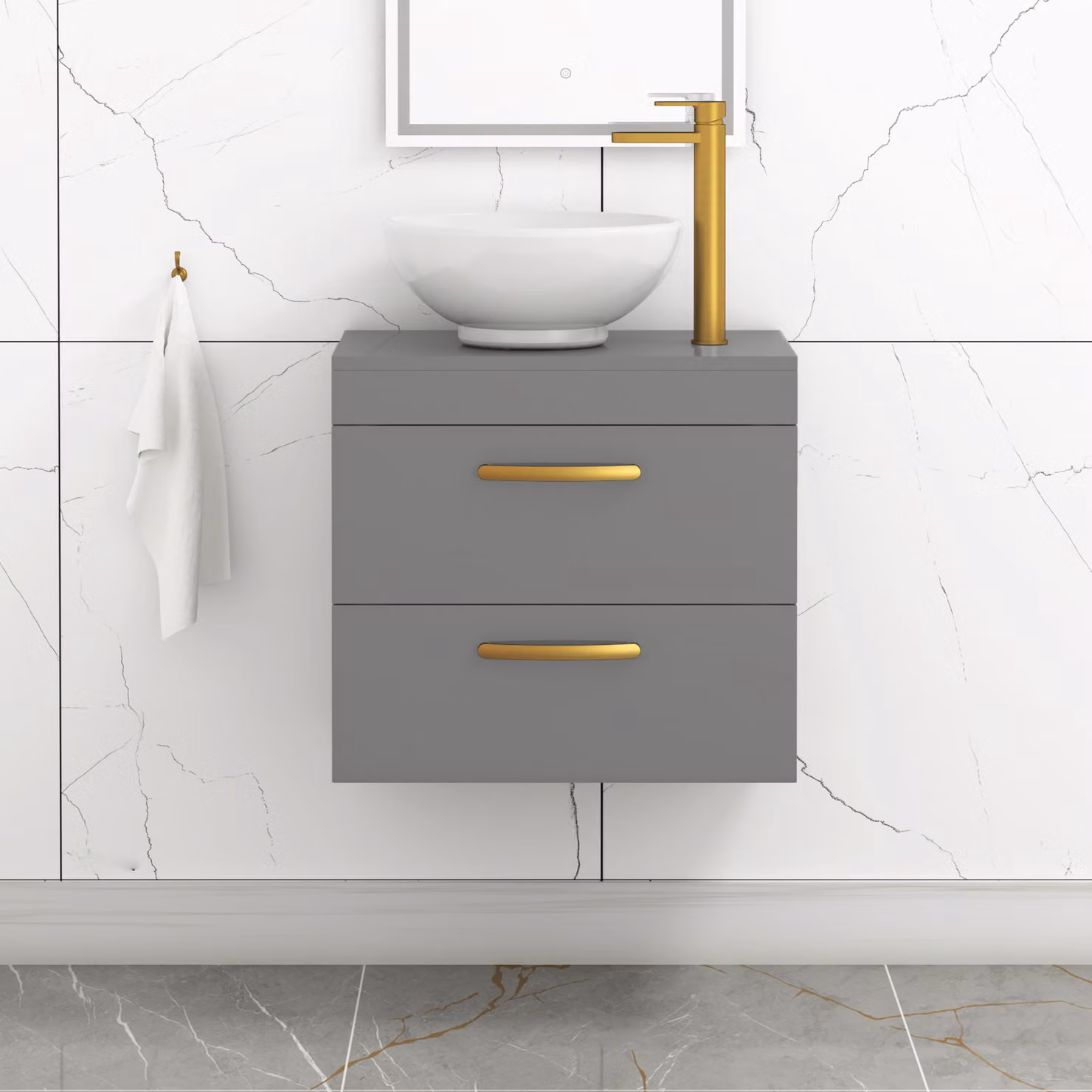 Royal Bathrooms 600mm Wall Hung Vanity Unit with 2 Drawers in Indigo Grey Gloss and Breeze Countertop Basin with Brushed Brass Handle