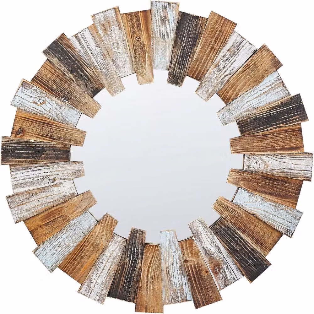Wyld and Coco Home Round Wall Mirror in Brown with Rustic Wood and Glass, Diameter: 66 cm – 2