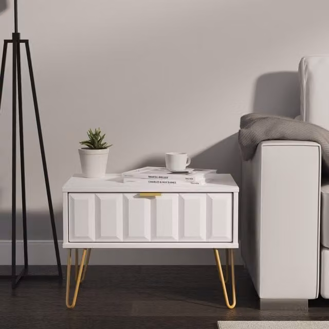 2 U Metro Ready Assembled 1 Drawer Wide Side Table in White and Gold