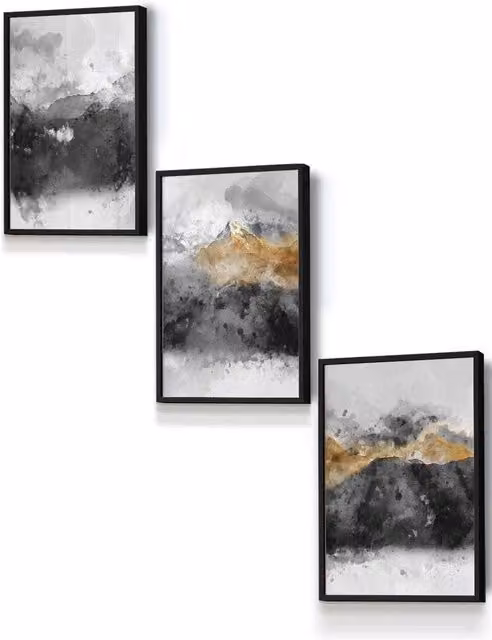 ARTZE Set of 3 Abstract Grey and Yellow Mountain Landscape Wall Art with Black Wood Frames, W: 33 cm, H: 45 cm, D: 2 cm – 4
