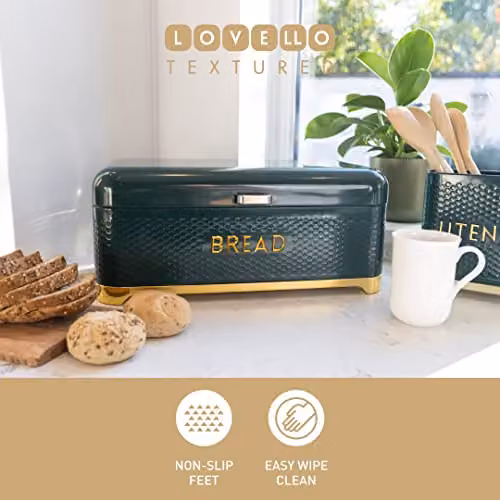 KitchenCraft Textured Large Ventilated Bread Bin with Lid, Hunter Green and Gold, W: 41.5 cm, H: 18 cm, D: 18 cm – 4