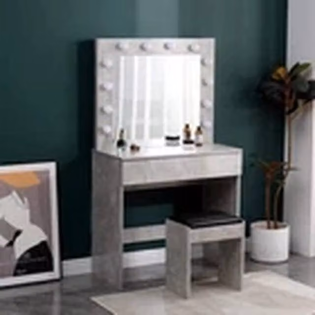 EONLION Modern Dressing Table Set with LED Hollywood Mirror and Stool in Grey