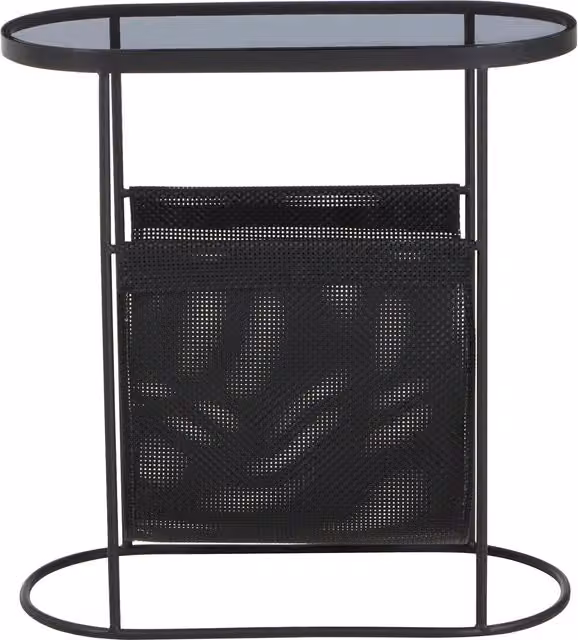 Orsina Minimalist Side Table with Grey Glass Top and Black Metal Sled Base – 1
