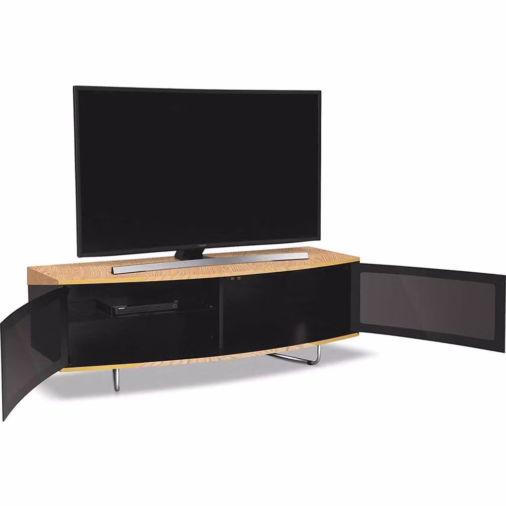 Centurion Supports Caru Gloss Black and Oak Beam-Thru D-Shape TV Cabinet for 32-65 inch Screens W/D/H: 120 x 39 x 43 cm – 5