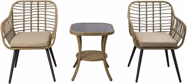 FURNITURE ONE 3 Piece Rattan Garden Bistro Set with Glass Top Table in Beige