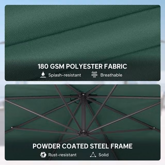 Outsunny Dark Green Cantilever Garden Banana Parasol Umbrella with Base