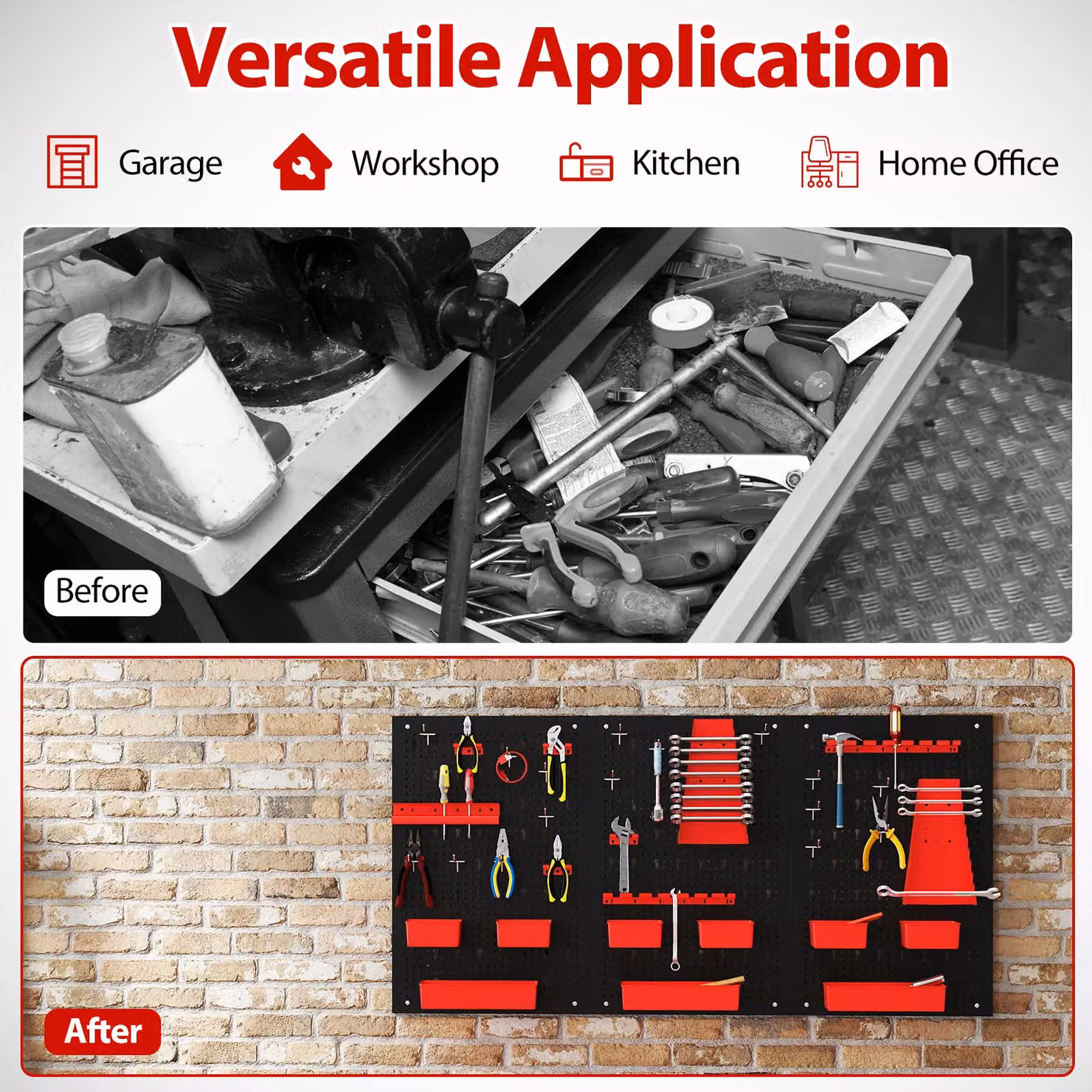 Costway Pegboard Wall Organizer with 9-Bin Parts Rack and Hammer Racks, Red, W/D/H: 120 x 64 x 60 cm – 9