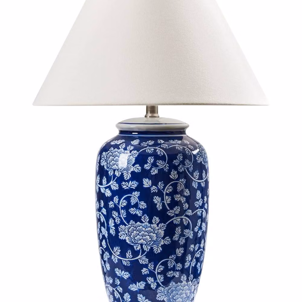 Wyld and Coco Blue and White Ceramic Table Lamp with Fabric Shade – 2