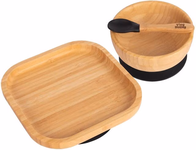Tiny Dining Childrens Bamboo and Silicone Suction Square Dinner Set in Black and Brown