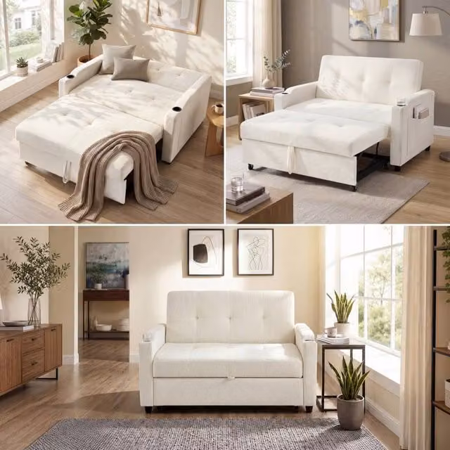 Merax 2-Seater Pull-Out Fabric Sofa Bed in Beige with Cup Holders and USB Charging, W/D/H: 173 x 135 x 58 cm
