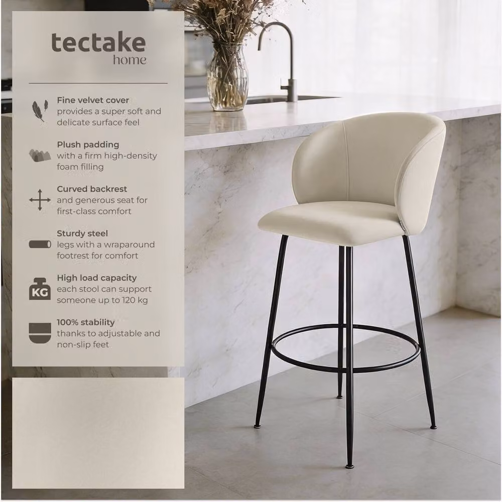 tectake Luana Modern Velvet Bar Stool Set of 4 in Cream and Black – 2