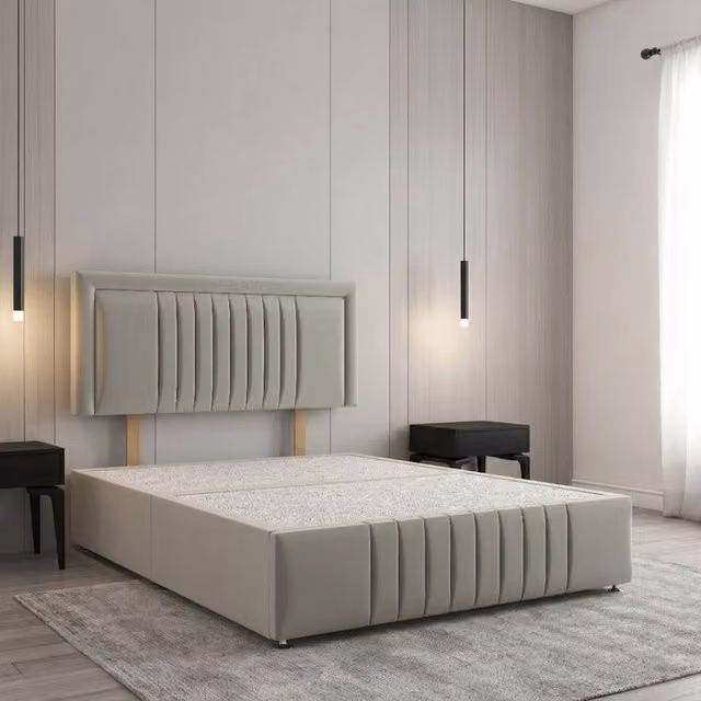Regional Furnishings Plush Velvet Divan Bed Base with 24 inch Headboard and Footboard in Silver, Small Double, W/D/H: 120 x 200 cm