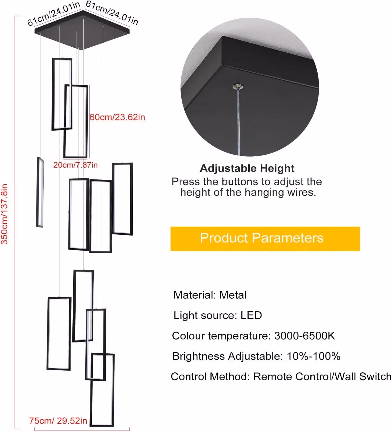 Garwarm Modern Dimmable LED Suspended Staircase Chandelier in Black – 3