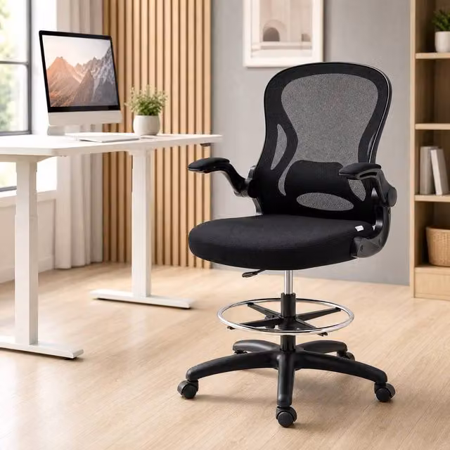 STILVORA Black Fabric High Drafting Office Chair with Flip-up Armrests and Foot Ring – 1