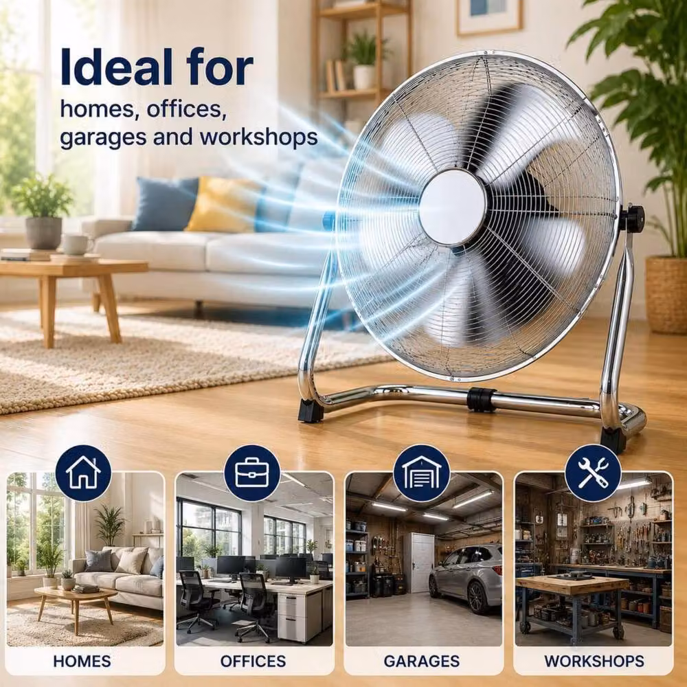 Dyzi 16 Inch 45W Metal High Velocity Floor Fan with Adjustable Tilt, Silver – 4