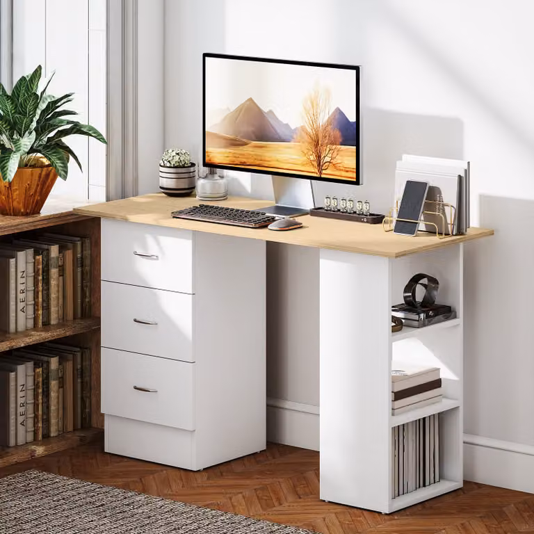 HOMCOM Computer Desk and Writing Table with 3 Storage Shelves and Drawers in White and Natural Wood Finish
