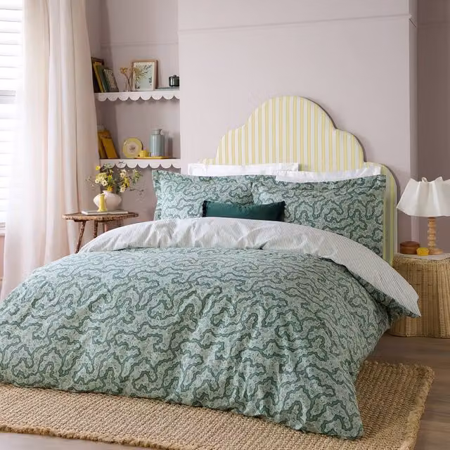 Wylder Brianna Floral 100% Cotton Duvet Cover and Pillowcase Set in Green, W: 180 cm, H: 200 cm