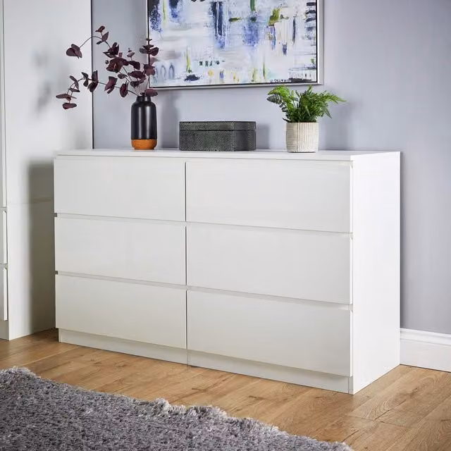Home Source Modern 6 Drawer Chest in White Glossy Finish, W/D/H: 120 x 40 x 72 cm