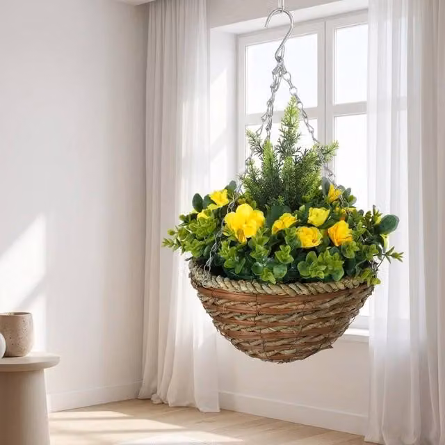 STILVORA Set of 2 Yellow Artificial Lisianthus Hanging Flower Pots with Rattan Style Design