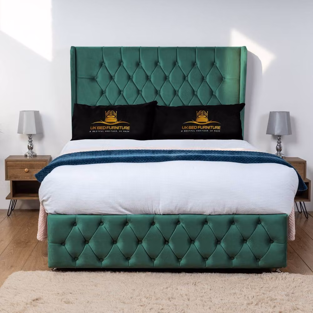 UK Bed Furniture Luxor Living Green Velvet Wingback Divan Bed with 54 Inch Headboard and 2 Foot End Drawers, W/D/H: 120 x 200 x 137.16 cm – 2