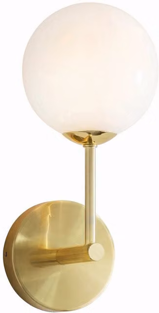Endon Otto Wall Light with Satin Brushed Gold Effect Plate and Gloss Opal Glass Sphere, Dimmable