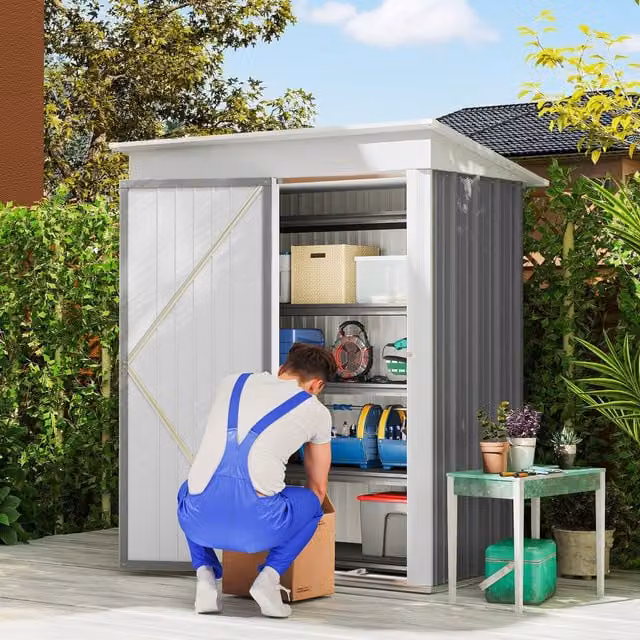 Outsunny Grey Metal Lean-to Garden Storage Shed with Lockable Single Door and Shelving – 1