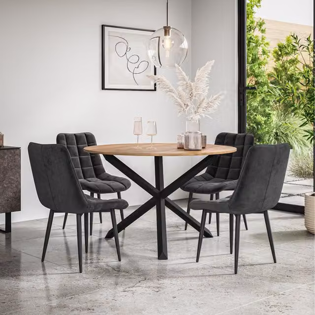 More4Homes Malvern Round Oak Effect Dining Table and 6 Black Nova Velvet Chairs Set
