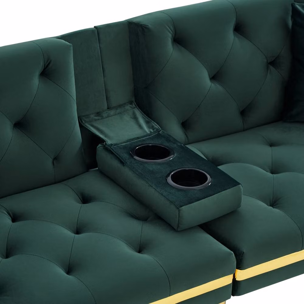 ModernLuxe Green Velvet 2-Seater Convertible Sofa Bed with Cup Holders and Metal Frame, W/D/H: 174 x 76 x 71.5 cm – 10