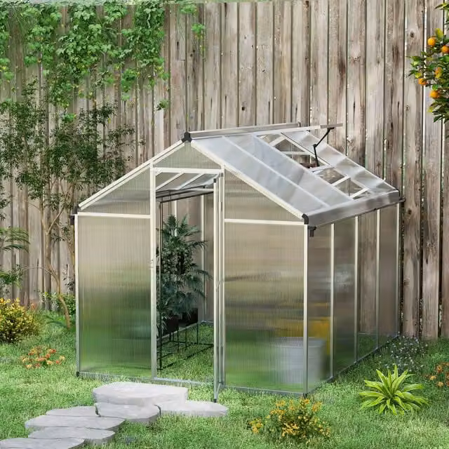 OUTSUNNY Aluminium Greenhouse with Door, Window and Galvanised Base, Clear Polycarbonate Panels, W/D/H: 243.5 x 195.0 x 192.0 cm – 1