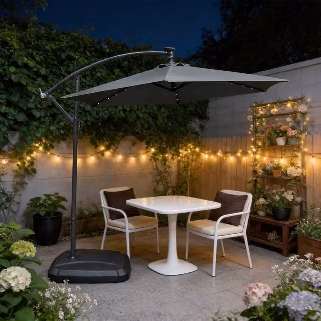 Abrihome Grey Solar LED Cantilever Patio Umbrella with 32 Lights, Diameter: 235 cm