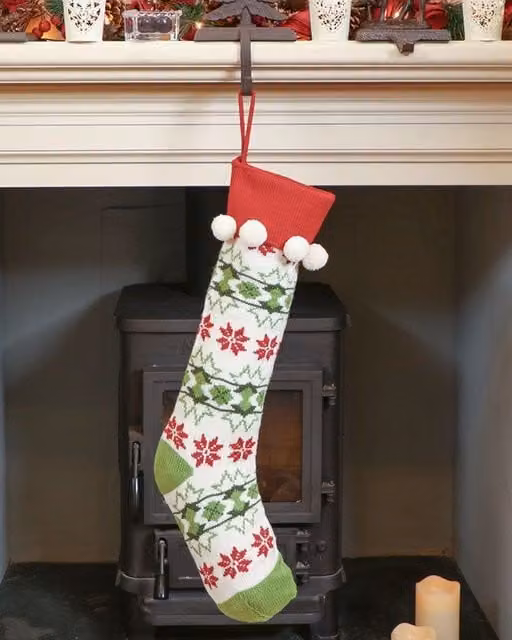 Dibor Set of 4 Knitted Fair Isle Pompom Christmas Stockings in White, Red, Green and Multicolour