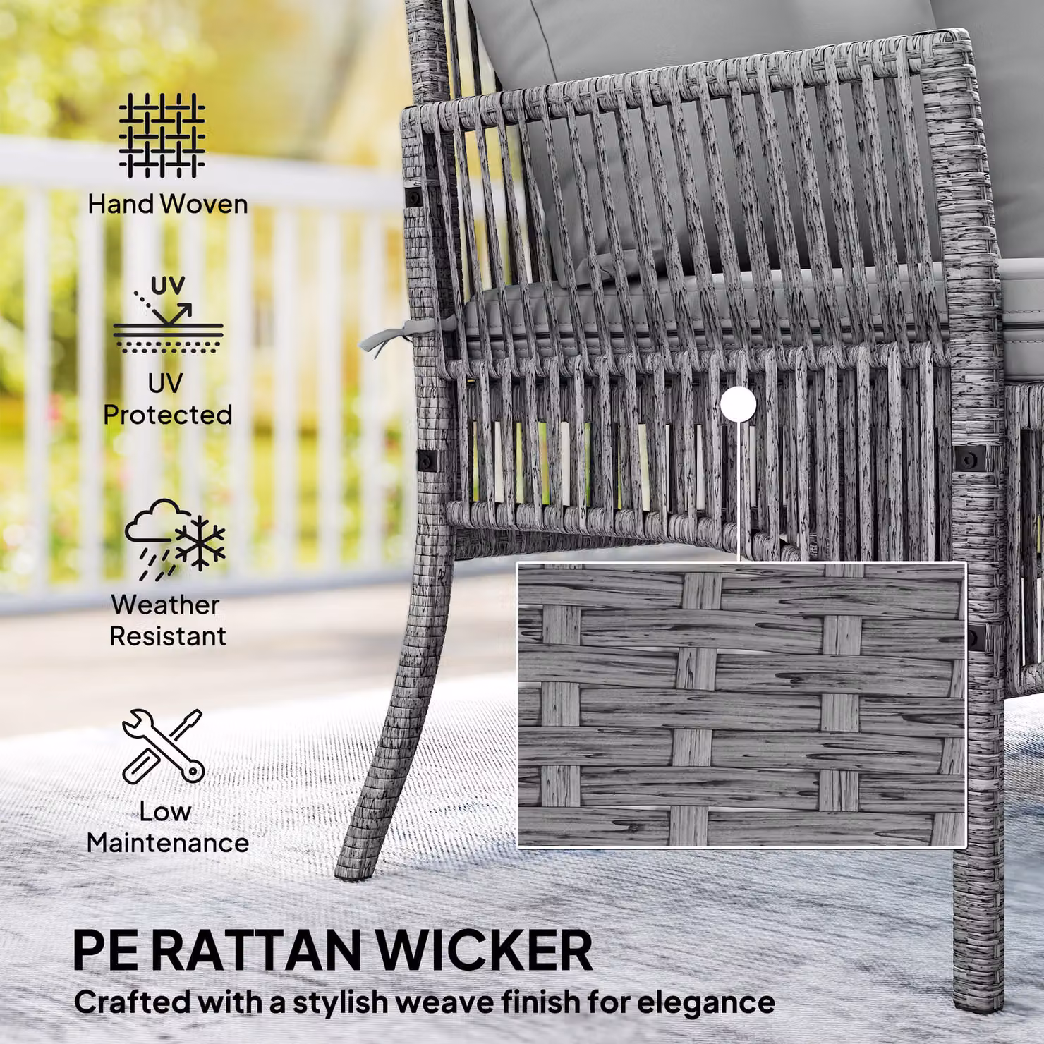Outsunny 3 Piece Rattan Garden Furniture Set in Dark Grey with Corner Sofa, Loveseat, Chaise Lounge and Glass Coffee Table – 5