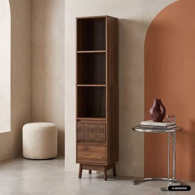 Sweekeec Scandinavian Style 3-Shelf Wood Storage Column with 2 Drawers in Brown – 1