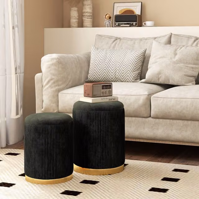 Costway Set of 2 Black Velvet Cylindrical Storage Ottomans
