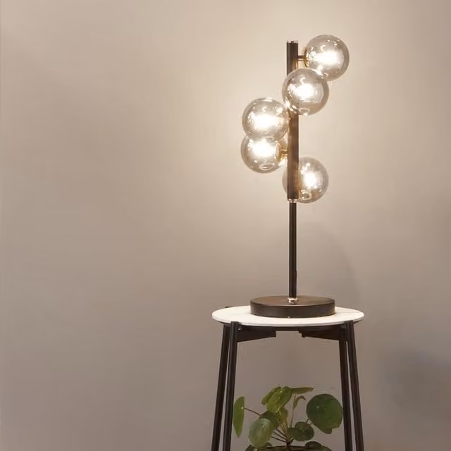 Ruma Retro Art Deco Table Lamp with Black Metal Base and Grey Transparent Glass Sphere