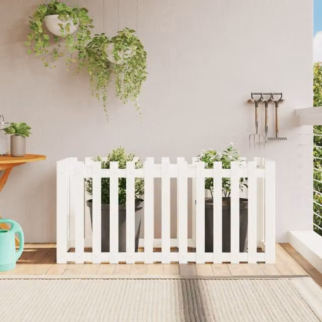 Berkfield Home Garden Raised Bed with Fence Design in White, Solid Wood and Plastic, W/D/H: 150 x 50 x 70 cm