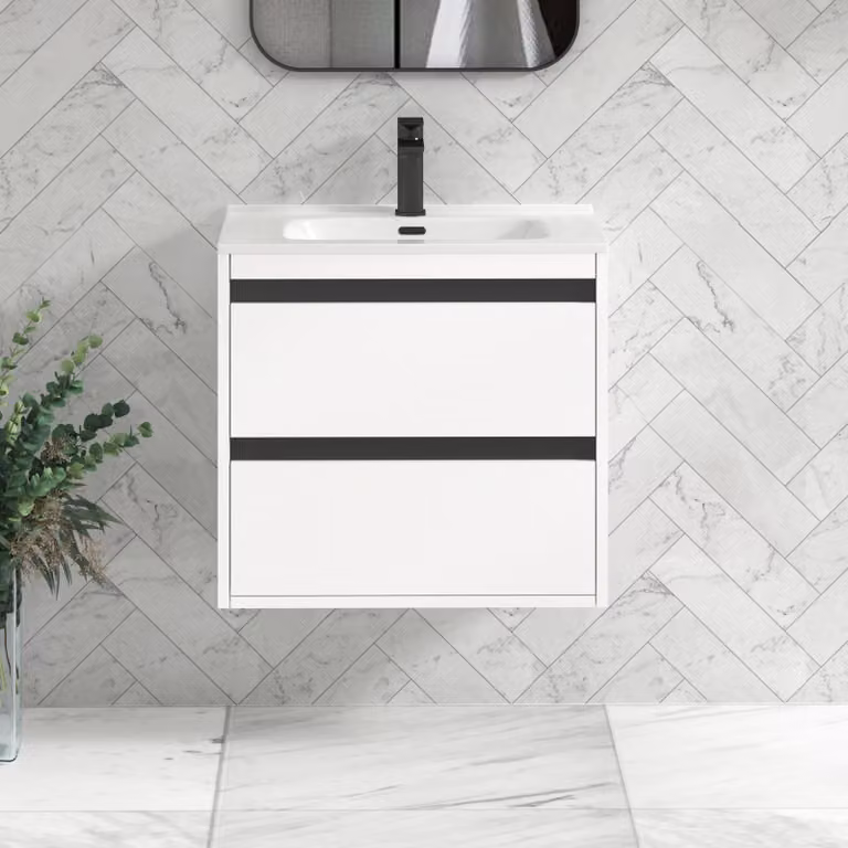 Royal Bathrooms Orion 600mm Matt White Wall Mounted 2 Drawer Vanity Unit with Ceramic Basin and Black Accent Trim