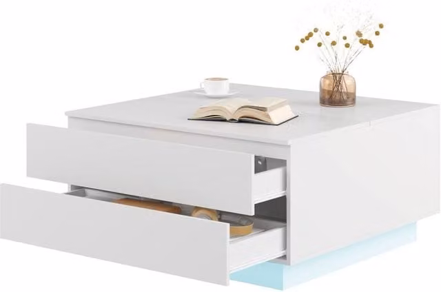 KEEPREAPER Modern Square LED Coffee Table with Flip-Top and 2 Drawers in White