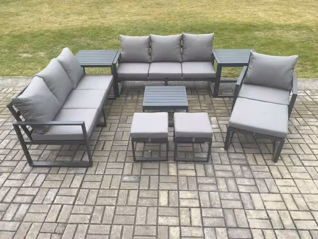 Fimous Aluminium Outdoor Lounge Sofa Set in Dark Grey with Coffee Table, 3 Footstools and 2 Side Tables