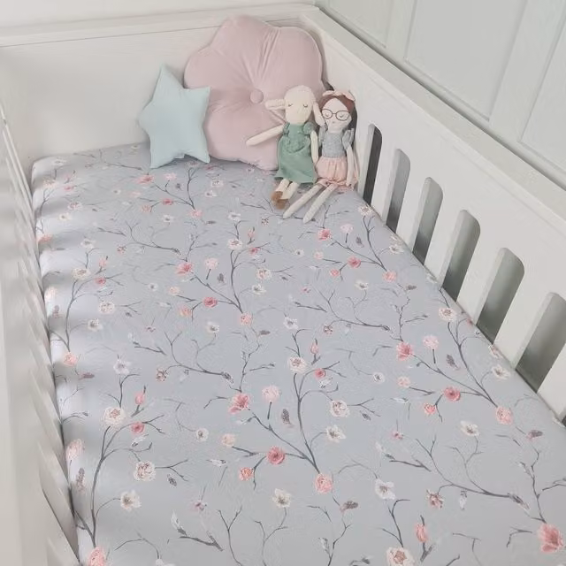 Minky Myles Floral Sage Green Cotton Jersey Fitted Cot Bed Sheet, W/D/H: 70 x 140 cm