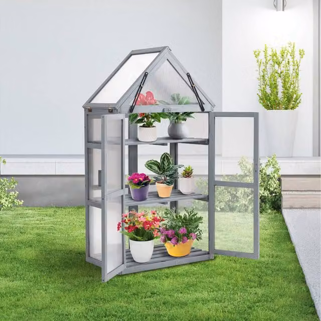 BIRCHTREE 3 Tier Wooden Frame Greenhouse with Polycarbonate Shelving in Grey