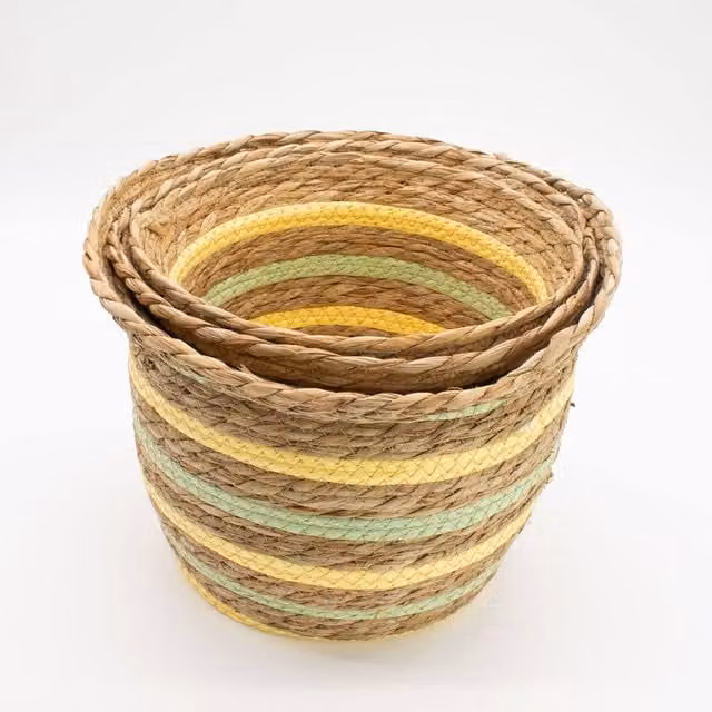 Serenityy Set of 3 Open Weave Seagrass and Rattan Baskets in Natural Yellow and Green