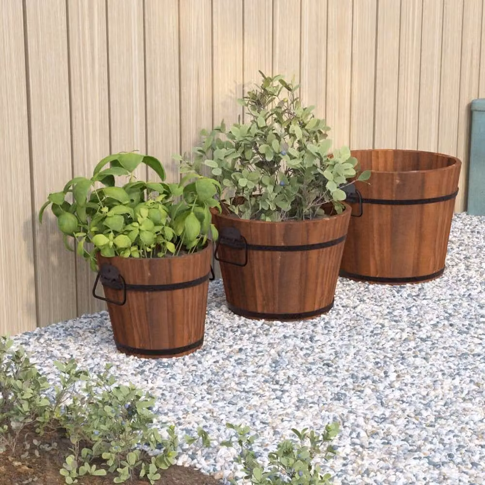 Berkfield Home Beautiful 3 Piece Solid Wood Fir Bucket Planter Set in Brown – 2