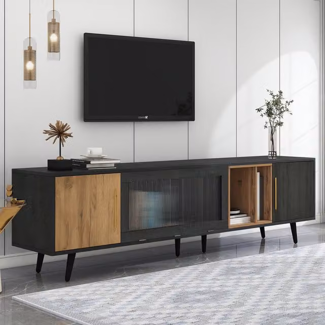 Tokpiedi Stylish TV Stand with Pull-down Glass Doors and Smart Cable Management in Dark Grey