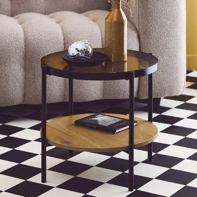 sweeek Round Side Table with Tempered Glass and Light Brown Wood Effect Finish, W/D/H: 45 x 45 x 52 cm – 1